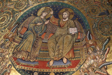 Historic Apse Mosaic Close Up Depicting the Holy Virgin and Christ in Rome, Italy
