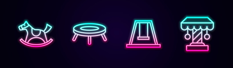 Set line Horse in saddle swing, Jumping trampoline, Swing for kids and Attraction carousel. Glowing neon icon. Vector