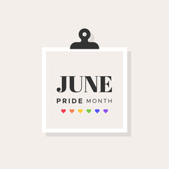 Obraz premium June. Pride Month. Rainbow heart shapes. LGBT movement. Beige neutral background. Vector illustration, flat design