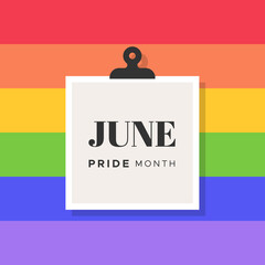 June Pride Month. Rainbow striped background. LGBTQ movement. Concept of equality, diversity, love. Vector illustration, flat design