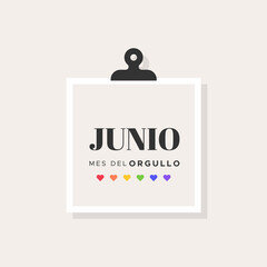 Obraz premium June Pride Month. Spanish. Junio Mes del Orgullo. Rainbow heart shapes. LGBT movement. Beige neutral background. Vector illustration, flat design