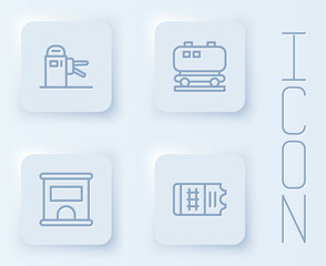 Set line Turnstile, Oil railway cistern, Ticket office to buy tickets and Train. White square button. Vector