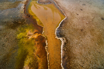 Detail of small acidic creek in Yellowstone with colorful layers © Nicholas J. Klein