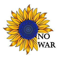 Anti-war poster. Yellow-blue sunflower and the inscription no war. Vector illustration