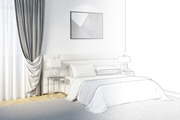 A sketch becomes a real bedroom with a horizontal poster above the headboard, lamps on the night tables on the sides of a bed with a bedspread, and classic gray curtains on the window. 3d render