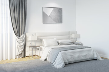 A cozy bedroom with a backlit horizontal poster above the light headboard, lamps on the night tables on the sides of a bed with a striped bedspread, and classic gray curtains on the window. 3d render