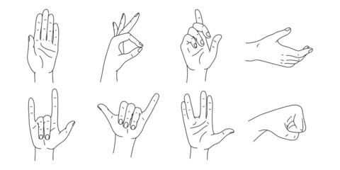 Hands poses vector set. Various hand gestures line art. Vector illustration isolated on white