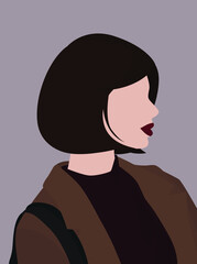 A young girl with short hair in a coat, sweater and bag. Vector flat image of a dark-haired girl. Design for postcards, avatars, posters, backgrounds, textiles, portraits.