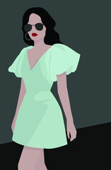 A young dark-haired girl in glasses and a dress. Vector flat image of a girl in a light blue dress. Design for postcards, avatars, posters, backgrounds, templates, textiles, postcards.