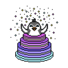 Penguin in a pop out cake throwing confetti, pixel art character isolated on white background. Retro 80's-90's 8 bit slot machine, video game graphics. Cartoon surprise party mascot. Birthday card.
