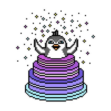 Penguin In A Pop Out Cake Throwing Confetti, Pixel Art Character Isolated On White Background. Retro 80's-90's 8 Bit Slot Machine, Video Game Graphics. Cartoon Surprise Party Mascot. Birthday Card.