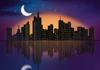 Fototapeta na wymiar Panorama of town in big city at night, Skyscrapers with light in capital city on dark colors background, Reflection of modern buildings in water silhouette background illustration