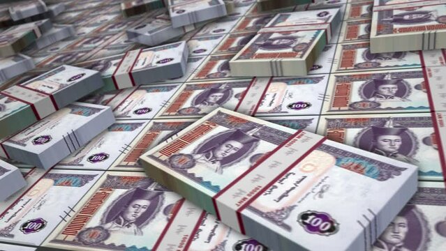 Mongolian Togrog, Tugrik banknote bundle loop. MNT money stacks. Concept of business, economy, banking and finance in Mongolia. Camera over cash packs. Loopable seamless 3d animation.