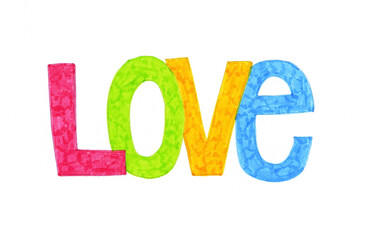 word love drawn with colored markers. hand drawing
