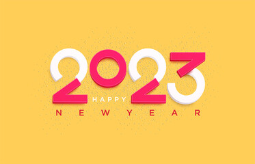 Happy new year 2023 with glitter background. 2023 new year on yellow background