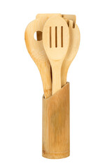 wooden cooking utensils in a bamboo holder on a white Background Wooden kitchen utensils isolated on white background