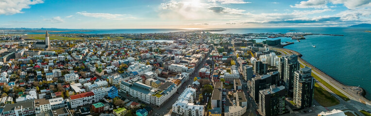 Fototapeta premium Beautiful aerial view of Reykjavik, Iceland on a sunny summer day. Panoramic view of Reykjavik