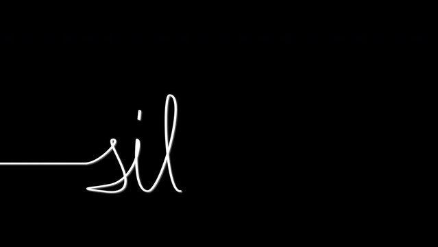 Silence. Hand written word "silence" self drawing animation. Black background. Lettering.	