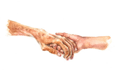 Watercolor drawing of the hands of two people. Support symbol