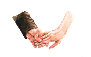 Watercolor drawing hands of romantic couple