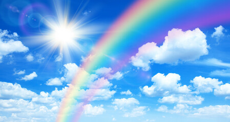 Sunny background with rainbow, blue sky with white clouds, 3D illustration.