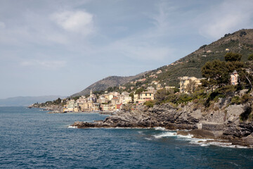 Bogliasco - Panoramic view of the historic village and the rocky coastline, Golfo Paradiso, Genoa Liguria
