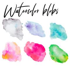 Watercolor abstract simple blobs clipart, different watercolor spots,  violet, light blue, green, pink