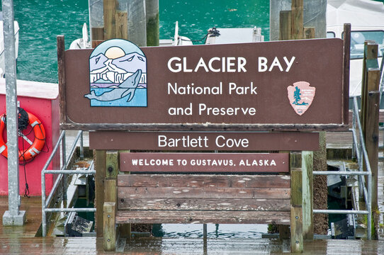 Glacier Bay National Park and Preserve, Bartlett Bay Sign in Gustavus, Alaska on August 23, 2010