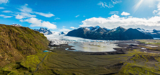 Fototapeta na wymiar Aerial panoramic view of the Skaftafell glacier, Vatnajokull National Park in Iceland.