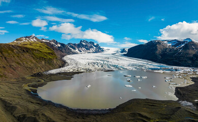 Aerial panoramic view of the Skaftafell glacier, Vatnajokull National Park in Iceland.