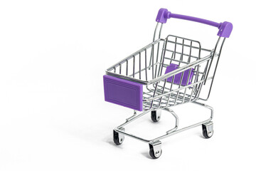An empty shopping cart on a white background. Copy space. The end of food shortages and hunger.