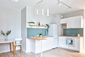 Modern interior of new kitchen with white furniture and cabinets and wooden kitchen counter....