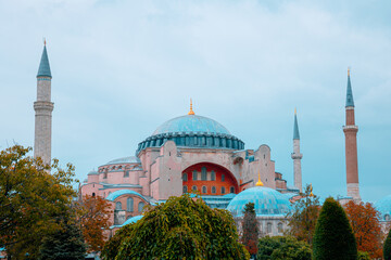 Fototapeta na wymiar Hagia Sophia or Ayasofya view at autumn. Travel to Istanbul background photo