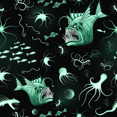 Monstre abyssal de poisson et créatures marines bioluminescentes sur la zone océanique profonde Motif textile sans couture vectoriel
