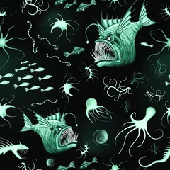Crédence de cuisine en verre imprimé Dessiner Monstre abyssal de poisson et créatures marines bioluminescentes sur la zone océanique profonde Motif textile sans couture vectoriel