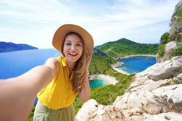 Self portrait of traveler girl from Porto Timoni Viewpoint in Corfu, Greece
