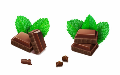 Mint leaves and chocolate pieces, Chocolate bar isolated with peppermint isolated realistic. © lightgirl