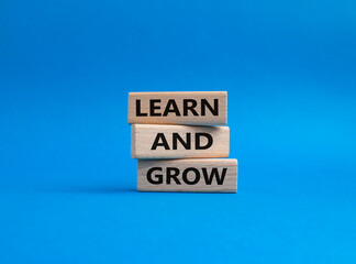 Learn and grow symbol. Concept words 'Learn and grow' on wooden blocks. Beautiful blue background. Business and Learn and grow concept. Copy space.