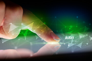 Finger touching tablet with business connection concept