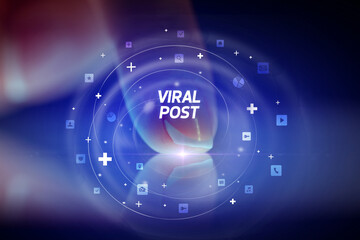 Finger touching tablet with social media icons concept