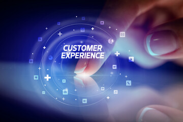 Finger touching tablet with social media icons concept