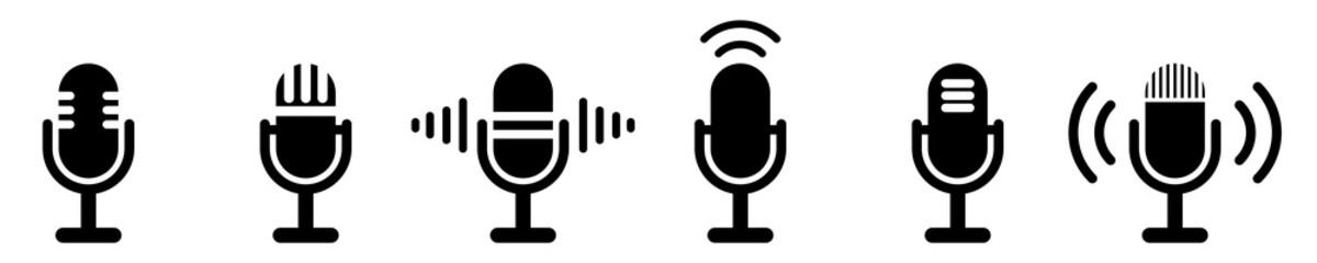 Microphone vector icons set. Voice record on studio. Karaoke or radio icons.