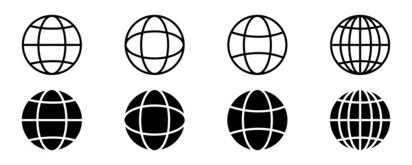 Set with black globe icons on white background. Web icon. World or earth. Internet network. WWW icon. - obrazy, fototapety, plakaty