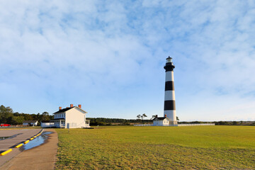 Bodie Island Lighthouse at Nags Head at early morning, Outer banks, North Carolina, USA. The lighthouse was built in 1872 and stands 156 ft tall and  is located on the Roanoke Sound side.