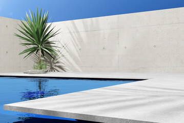 pool scene with clear blue water, concrete walls, palm tree and blue sky nearby. concept advertising and promotion of premium goods and products in the field of spa and beauty, 3d image