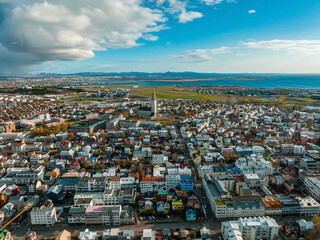 Fototapeta premium Beautiful aerial view of Reykjavik, Iceland on a sunny summer day. Panoramic view of Reykjavik
