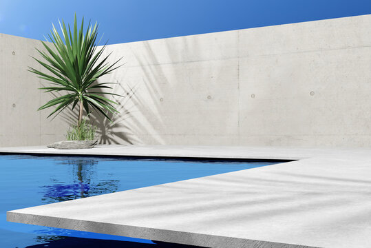 pool scene with clear blue water, concrete walls, palm tree and blue sky nearby. concept advertising and promotion of premium goods and products in the field of spa and beauty, 3d image