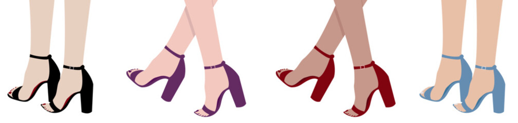 Collection Stylish and fashionable High-heeled shoes icon  isolated set. Women's legs. Flat vector illustration. Women's Shoes footwear. Fashion, style, shopping, shoe store, web, advertising, banner. - obrazy, fototapety, plakaty