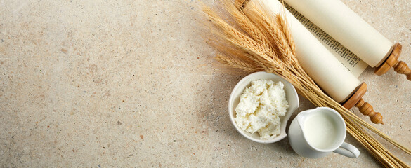 Kosher dairy product for celebration Jewish Holiday Shavuot. Shavuot flat lay.