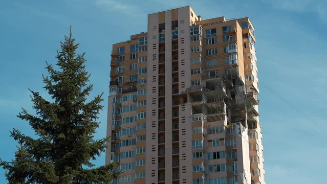 Russian missile damaged a multi-storey residential building in Kiev on February 26, 2022. Russian aggression. War in Ukraine. Terror and genocide of Ukrainian people